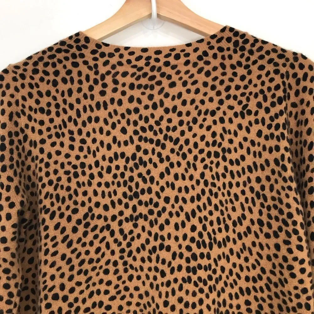 J. Crew LAYLA Camel Tan Black Dot Animal Print 100% Cashmere Crew Neck Sweater